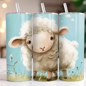May include: A white lamb with brown eyes and a fluffy white coat stands in a field of green grass and blue sky. The lamb is looking at the viewer. The image is on a stainless steel tumbler with a straw.