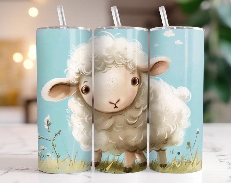 May include: A white lamb with brown eyes and a fluffy white coat stands in a field of green grass and blue sky. The lamb is looking at the viewer. The image is on a stainless steel tumbler with a straw.