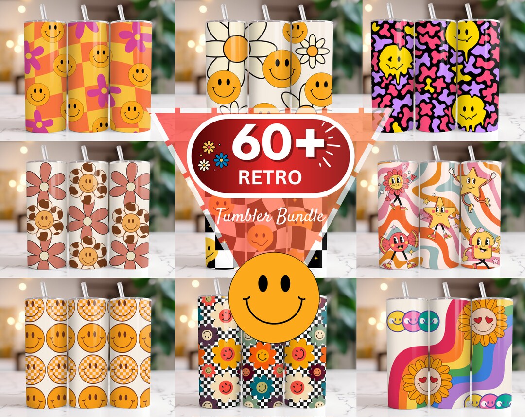 60+ Retro Tumbler Wrap Bundle, Retro Daisy Smile Face, 20oz Skinny ...