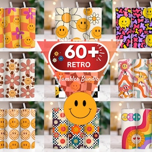 Puede incluir: Un conjunto de más de 60 diseños de vasos retro con caras sonrientes, flores, estrellas y patrones a cuadros en varios colores. Los diseños son perfectos para agregar un toque divertido y caprichoso a tus bebidas cotidianas.
