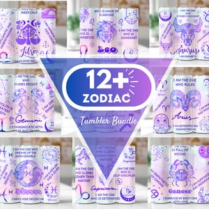 12 znaków zodiaku Tumbler Wrap Bundle, Zodiak Znak Affirmation 20oz Skinny Tumbler, Rainbow Star Sign Galaxy, Zodiac Sublimation Designs PNG
