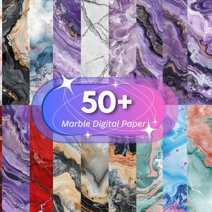 May include: A collection of digital marble paper designs in various colors, including red, purple, blue, and gold. The image features a variety of textures and patterns, with a central graphic that reads "50+ Marble Digital Paper."