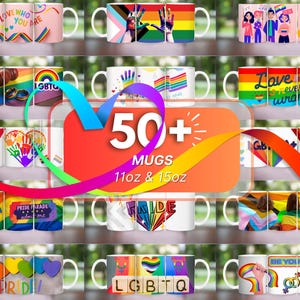 May include: A collection of 50+ 11oz and 15oz ceramic mugs featuring a variety of rainbow pride designs. The mugs feature different pride flags, hearts, and text such as "Love is never wrong", "Pride", and "LGBTQ".