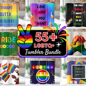 May include: A set of 55+ LGBTQ+ tumblers with various designs featuring rainbow colors, peace signs, and pride slogans like "Love Who You Want" and "Straight Outta The Closet".