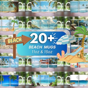 Mais de 20 designs de sublimação de caneca de praia, envoltório de caneca Seashells Beach Ocean, caneca de 11 onças e 15 onças, praia png, caneca de praia tropical, sublimação do mar do pôr do sol