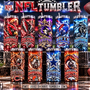 May include: A collection of nine 20oz skinny tumblers featuring NFL team logos and mascots, including the Cardinals, Falcons, Ravens, Bills, Panthers, Bears, Browns, Cowboys, and Broncos. Each stainless steel tumbler has a lid and straw.