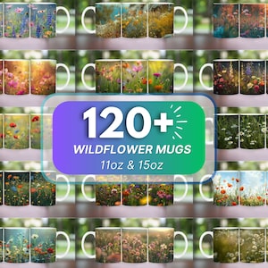 Pode incluir: Mais de 120 canecas de flores silvestres, 11oz & 15oz. Uma cole&ccedil;&atilde;o de canecas de cer&acirc;mica branca com designs coloridos de flores silvestres. Cada caneca apresenta um arranjo diferente de flores silvestres, incluindo margaridas, papoulas e sinos.