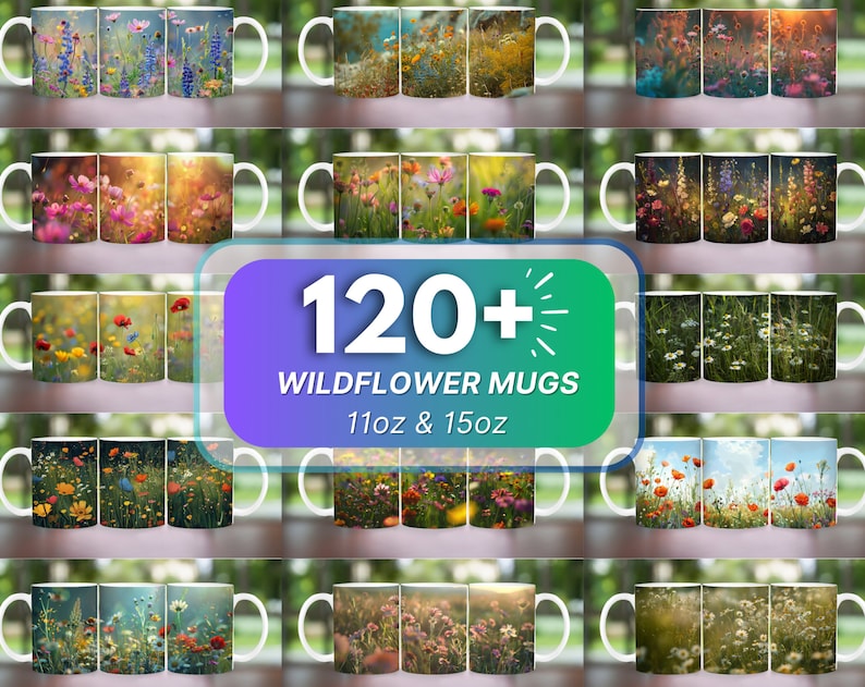 Pode incluir: Mais de 120 canecas de flores silvestres, 11oz & 15oz. Uma cole&ccedil;&atilde;o de canecas de cer&acirc;mica branca com designs coloridos de flores silvestres. Cada caneca apresenta um arranjo diferente de flores silvestres, incluindo margaridas, papoulas e sinos.