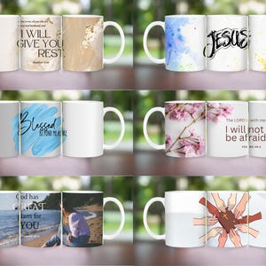 May include: Set of 10 white ceramic mugs with inspirational quotes and designs. The mugs feature various designs, including floral patterns, watercolor backgrounds, and scripture verses. The quotes include "I will give you rest", "Blessed beyond measure", "The Lord is with me, I will not be afraid", "God has great plans for you", and "Jesus".