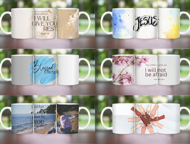 May include: Set of 10 white ceramic mugs with inspirational quotes and designs. The mugs feature various designs, including floral patterns, watercolor backgrounds, and scripture verses. The quotes include "I will give you rest", "Blessed beyond measure", "The Lord is with me, I will not be afraid", "God has great plans for you", and "Jesus".