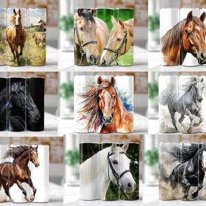 K&ouml;nnte beinhalten: Neun verschiedene Designs von Sublimationsbechern mit Pferdemotiven. Die Becher sind wei&szlig; mit verschiedenen Pferdebildern, darunter ein braunes Pferd im Galopp, ein schwarzes Pferd mit Zaumzeug, ein braunes Pferd mit Zaumzeug, ein wei&szlig;es Pferd im Galopp und ein schwarzes Pferd im Galopp.