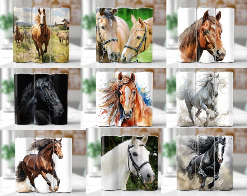 K&ouml;nnte beinhalten: Neun verschiedene Designs von Sublimationsbechern mit Pferdemotiven. Die Becher sind wei&szlig; mit verschiedenen Pferdebildern, darunter ein braunes Pferd im Galopp, ein schwarzes Pferd mit Zaumzeug, ein braunes Pferd mit Zaumzeug, ein wei&szlig;es Pferd im Galopp und ein schwarzes Pferd im Galopp.