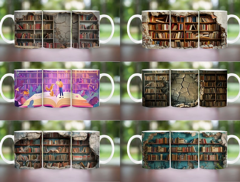 3D Book Mug Wrap, 11 oz & 15 oz Mug Design, 3D Bookshelf Mug Sublimation, 3D Books Mug Wrap, PNG Book Lover Mug Book Coffee Mug, Books Png image 3