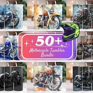 May include: A set of 9 stainless steel tumblers with various motorcycle designs. The tumblers are all the same size and shape, and they feature a variety of different motorcycle designs, including vintage, modern, and custom motorcycles. The tumblers are all in a watercolor style, and they are all set against a white background. The text "50+ Motorcycle Tumbler Bundle" is displayed in the center of the image.