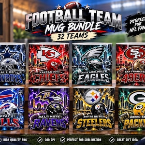 Puede incluir: Una colección de ocho tazas de cerámica blanca con varios logotipos de equipos de la NFL, cascos y gráficos de horizontes urbanos. Cada taza muestra un diseño único, incluyendo los Dallas Cowboys, Kansas City Chiefs, Philadelphia Eagles, San Francisco 49ers, Buffalo Bills, Baltimore Ravens, Pittsburgh Steelers y Green Bay Packers.