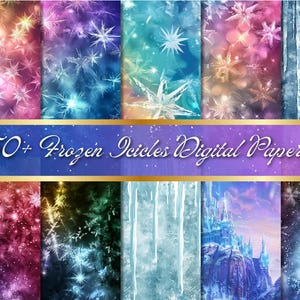 May include: A digital art collection featuring a variety of colourful backgrounds with snowflake and icicle designs. The image includes a banner with the text "50+ Frozen Icicles Digital Papers" in a decorative font, ideal for digital art projects.