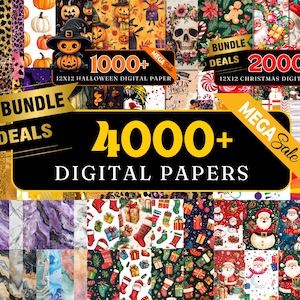 May include: A promotional image displaying a collection of digital papers. The image features themed digital paper packs, including Halloween and Christmas designs. Text includes "Bundle Deals," "Mega Sale," and the quantity of papers available.