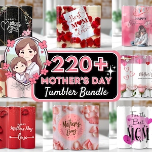 Könnte beinhalten: Ein Set mit über 220 Muttertagsbechern mit verschiedenen Designs. Die Designs beinhalten Blumenmuster, Herzen und Text, der "Frohen Muttertag", "Beste Mama aller Zeiten" und "Für die beste Mama" lautet.