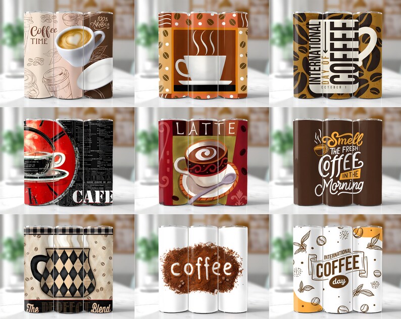 Pu&ograve; includere: Set di nove design per bicchieri da caff&egrave;. I design presentano varie illustrazioni a tema caff&egrave;, tra cui tazze da caff&egrave;, chicchi di caff&egrave; e testo. Alcuni dei design includono il testo "Coffee Time", "Cafe", "Latte", "Smell the Fresh Coffee in the Morning", "International Day of Coffee", e "The Perfect Blend".
