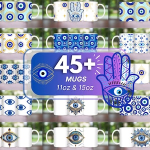 May include: A collection of 45+ white ceramic mugs with various blue and gold designs featuring the evil eye and hamsa hand. The mugs are available in 11oz and 15oz sizes.