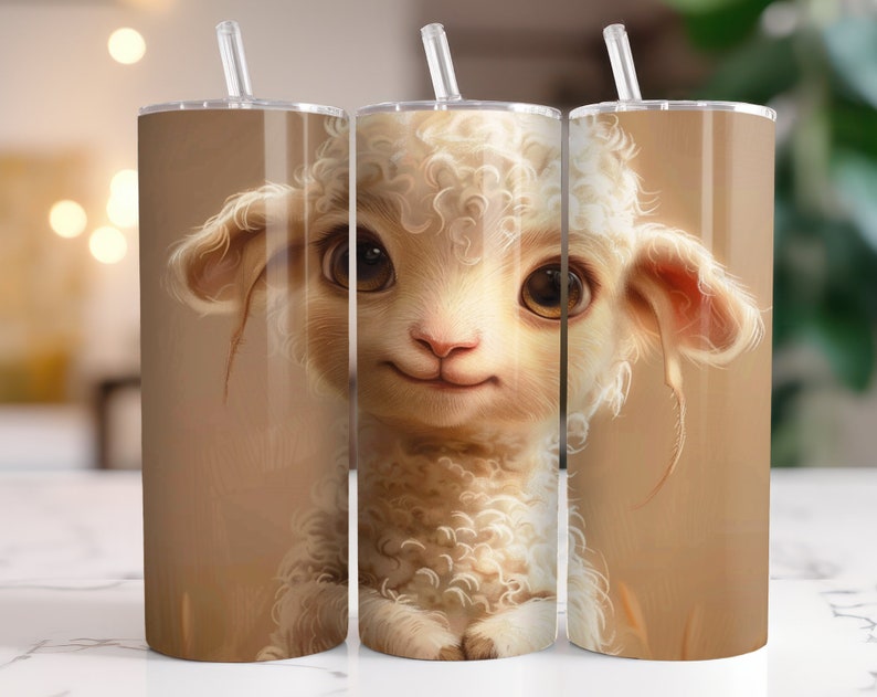 May include: A set of three stainless steel tumblers with a cute cartoon lamb design. The lamb is white with a fluffy coat and big brown eyes. The tumblers are a light brown color with a subtle texture.