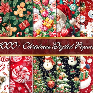 May include: A collection of Christmas-themed digital papers with various festive patterns. The designs include gingerbread men, candy canes, Santa Claus, snowmen, Christmas trees, and ornaments. The text "1000+ Christmas Digital Papers" is displayed across the image.