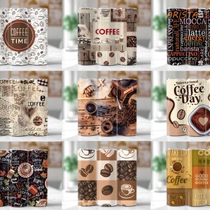 Pu&ograve; includere: Set di tre bicchieri a tema caff&egrave; con vari design. I design includono chicchi di caff&egrave;, tazze da caff&egrave; e testo relativo al caff&egrave;.
