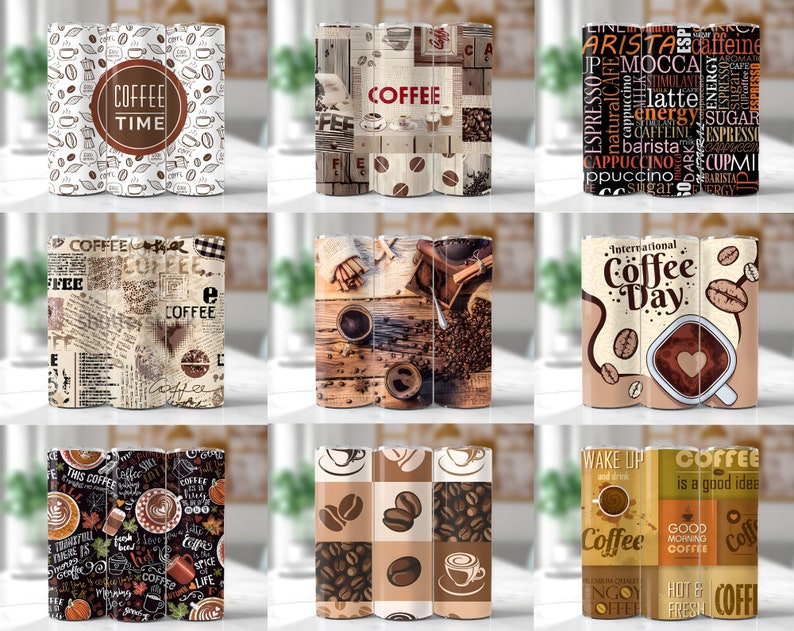 Pu&ograve; includere: Set di tre bicchieri a tema caff&egrave; con vari design. I design includono chicchi di caff&egrave;, tazze da caff&egrave; e testo relativo al caff&egrave;.