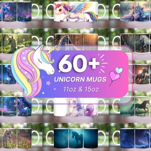 Pode incluir: Uma colagem de mais de 60 canecas de unic&oacute;rnio em v&aacute;rios designs. As canecas s&atilde;o brancas com imagens de unic&oacute;rnios coloridos. O texto "60+ Unicorn Mugs 11oz & 15oz" &eacute; exibido no centro da imagem.