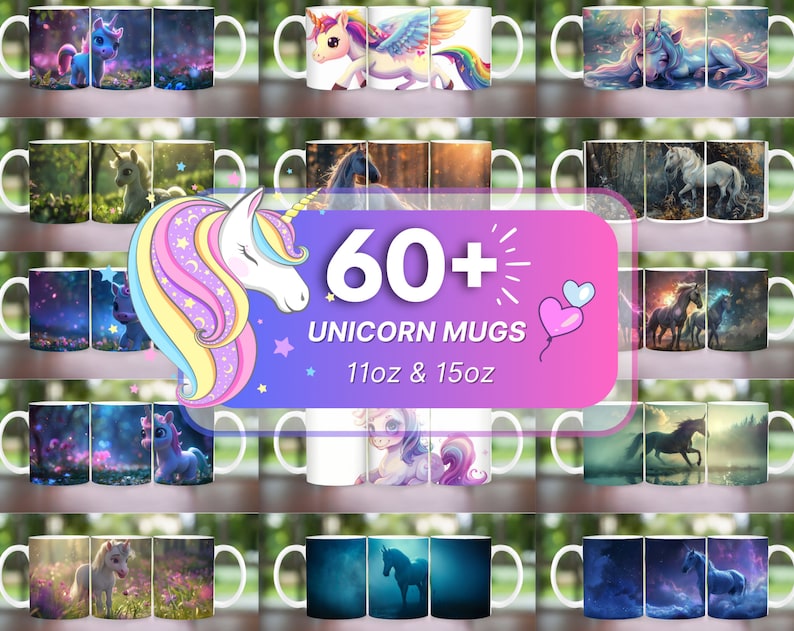 Pode incluir: Uma colagem de mais de 60 canecas de unic&oacute;rnio em v&aacute;rios designs. As canecas s&atilde;o brancas com imagens de unic&oacute;rnios coloridos. O texto "60+ Unicorn Mugs 11oz & 15oz" &eacute; exibido no centro da imagem.