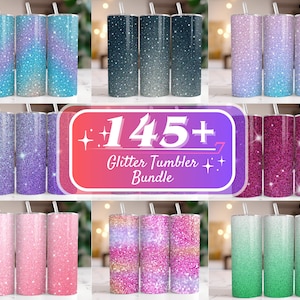 May include: A collection of 145+ glitter tumbler designs. The tumblers are in various colors, including pink, blue, green, purple, and black. The tumblers are all made with a glitter finish.