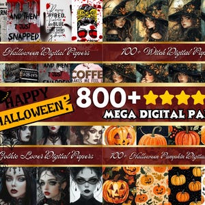 Puede incluir: Un collage de papeles digitales con temática de Halloween. La imagen incluye varios diseños como brujas, calabazas e ilustraciones góticas. El texto incluye "25+ Halloween Digital Papers", "100+ Witch Digital Papers", "800+ Mega Digital Paper", "55+ Gothic Lover Digital Papers" y "100+ Halloween Pumpkin Digital Papers".