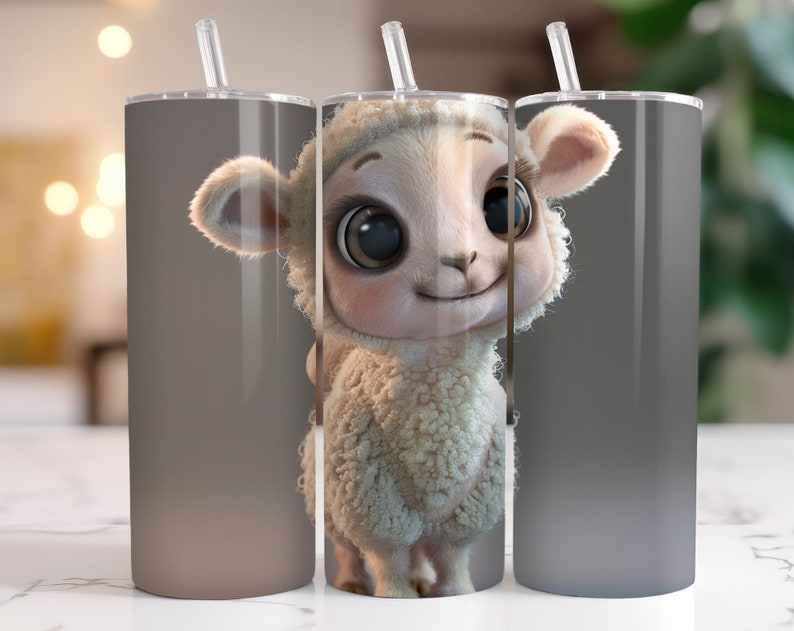 May include: Three stainless steel tumblers with a white lamb with big eyes and a fluffy coat on the front. The tumblers are gray and have a gradient effect.