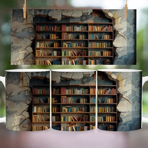 3D Book Mug Wrap, 11 oz & 15 oz Mug Design, 3D Bookshelf Mug Sublimation, 3D Books Mug Wrap, PNG Book Lover Mug Book Coffee Mug, Books Png image 7
