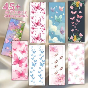 May include: A collection of butterfly bookmarks with various designs. The bookmarks feature pink, blue, and green butterflies against backgrounds of flowers, clouds, and solid colors. Text at the top reads "45+ BUTTERFLY BOOKMARKS."
