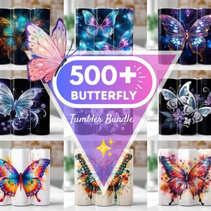 Op de afbeelding: Een set van negen 20 oz roestvrijstalen bekers met verschillende vlinderontwerpen. De bekers zijn wit met een verscheidenheid aan kleurrijke vlinderontwerpen. De bekers zijn gerangschikt in een 3x3 raster. De tekst "500+ Butterfly Tumbler Bundle" wordt in het midden van de afbeelding weergegeven.