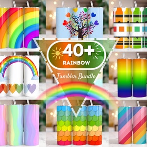 Może przedstawiać: Zestaw ponad 40 wzorów kubków z motywem tęczy. Kubki prezentują różne wzory tęczy, w tym paski, serca, chmury i drzewo z sercami. Tekst "40+ Rainbow Tumbler Bundle" jest wyświetlany na zielonym tle.