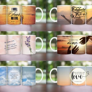 May include: Set of ten white ceramic mugs with inspirational quotes and images. The mugs feature a variety of designs, including a sunset, a lavender bouquet, a hand reaching out, and clouds. The quotes include "I Will Fear No Evil", "Romans 12:12", "I Am With You Always", "Philippians 4:13", and "Let All That You Do Be Done In Love".