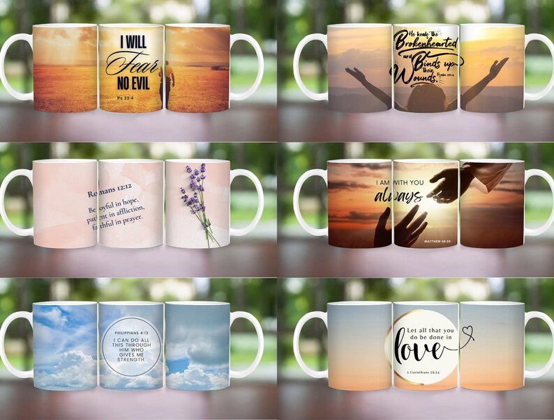 May include: Set of ten white ceramic mugs with inspirational quotes and images. The mugs feature a variety of designs, including a sunset, a lavender bouquet, a hand reaching out, and clouds. The quotes include "I Will Fear No Evil", "Romans 12:12", "I Am With You Always", "Philippians 4:13", and "Let All That You Do Be Done In Love".