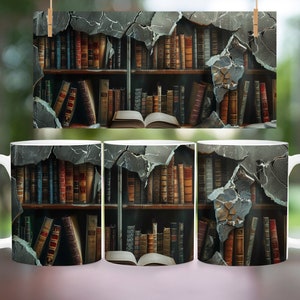 3D Book Mug Wrap, 11 oz & 15 oz Mug Design, 3D Bookshelf Mug Sublimation, 3D Books Mug Wrap, PNG Book Lover Mug Book Coffee Mug, Books Png image 5