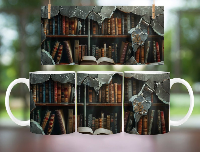 3D Book Mug Wrap, 11 oz & 15 oz Mug Design, 3D Bookshelf Mug Sublimation, 3D Books Mug Wrap, PNG Book Lover Mug Book Coffee Mug, Books Png image 5