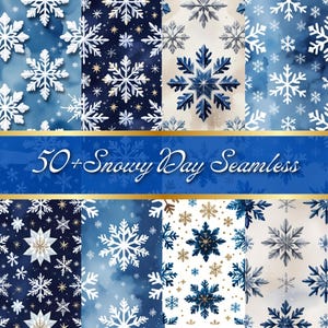 May include: A collection of seamless patterns featuring snowflakes in shades of white, blue, and gold. The patterns vary in design, with some showcasing watercolor effects and others featuring detailed snowflake illustrations. The text "50+ Snowy Day Seamless" is displayed across the image.