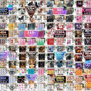 May include: A collage of images showcasing different tumbler designs with various themes, including animals, holidays, and abstract patterns. Each image includes a number indicating the quantity of tumblers in a bundle and the theme of the bundle. The text "Tumbler Bundle" appears in multiple images.
