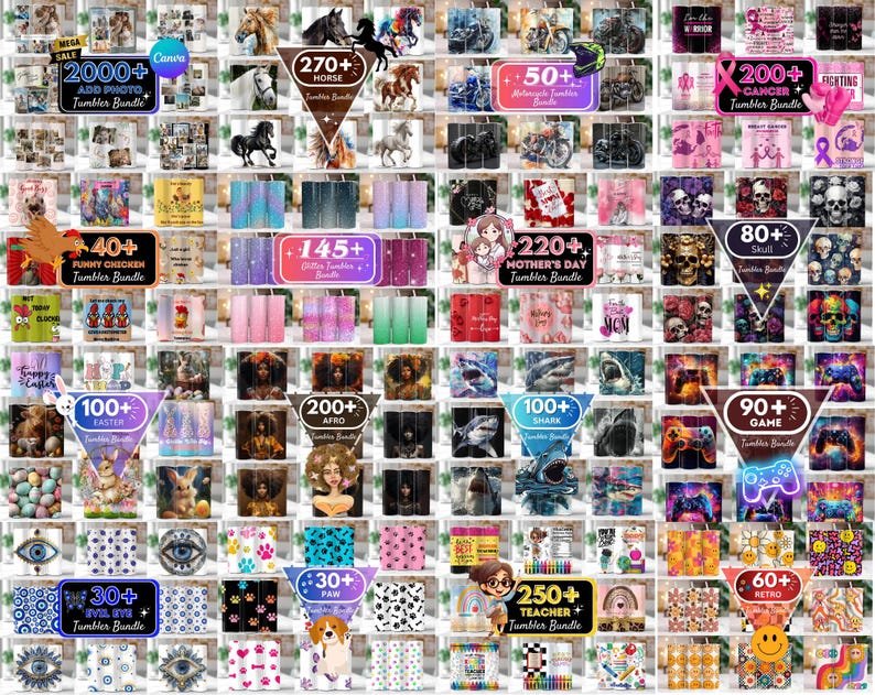 May include: A collage of images showcasing different tumbler designs with various themes, including animals, holidays, and abstract patterns. Each image includes a number indicating the quantity of tumblers in a bundle and the theme of the bundle. The text "Tumbler Bundle" appears in multiple images.