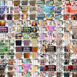 May include: A collage of images showcasing various tumbler designs, including leopard print, beach scenes, bible verses, camping, and more. Each image includes a number indicating the quantity of designs available in each category. The text "Tumbler Bundle" appears in multiple images.