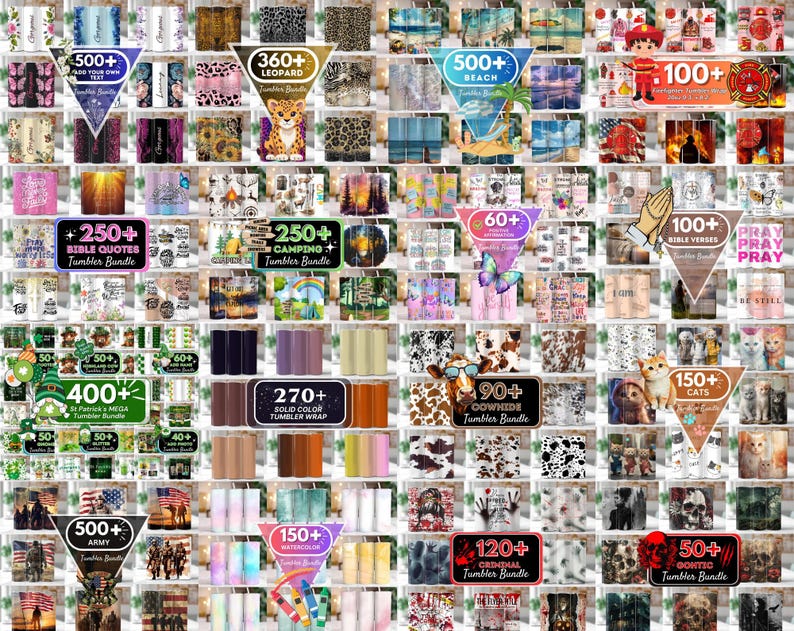 May include: A collage of images showcasing various tumbler designs, including leopard print, beach scenes, bible verses, camping, and more. Each image includes a number indicating the quantity of designs available in each category. The text "Tumbler Bundle" appears in multiple images.