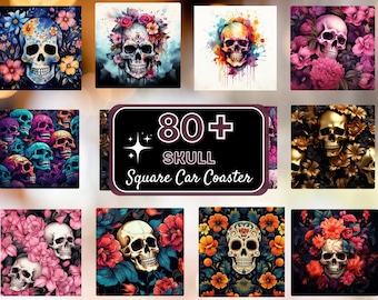 Sugar Skulls & Roses 80+ PNG digital images Coasters, Skull square Car Coaster design set Halloween instant download sublimation transfer