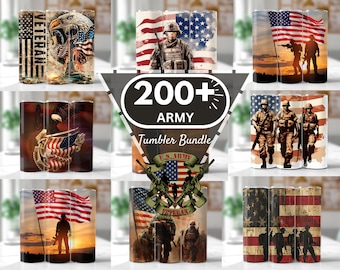 Op de afbeelding: Een collage van negen afbeeldingen met verschillende ontwerpen voor sublimatiebekers. De ontwerpen bevatten Amerikaanse vlaggen, adelaars, soldaten en de tekst "U.S. Army" en "Veteran". De tekst "200+ Army Tumbler Bundle" wordt in het midden van de collage weergegeven.