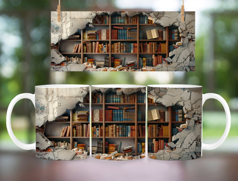 3D Book Mug Wrap, 11 oz & 15 oz Mug Design, 3D Bookshelf Mug Sublimation, 3D Books Mug Wrap, PNG Book Lover Mug Book Coffee Mug, Books Png image 8