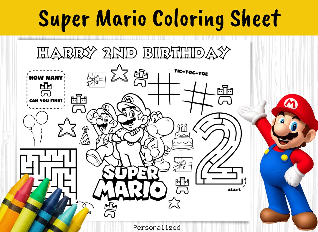 Super Mario Coloring Sheet Personalized Game Party Placemat - Etsy Canada